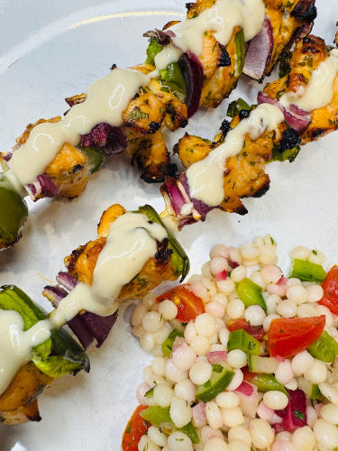 Mediterranean Chicken Kabobs with Lemon Garlic Tahini Sauce