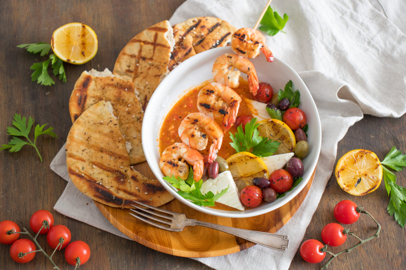 Grilled Shrimp Saganaki-Style with Tomatoes, Olives, & Feta